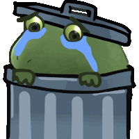 a frog in a trash can is crying with tears coming out of its eyes