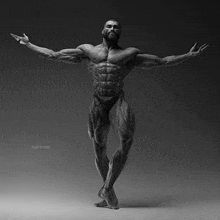 a black and white photo of a bodybuilder with his arms outstretched in a pose .