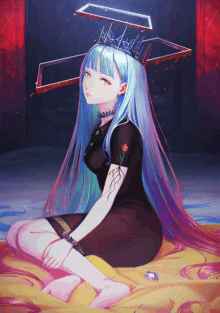 a girl with long blue hair and a crown on her head is sitting on a bed