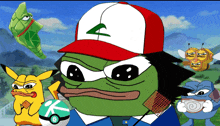 a cartoon of a green frog wearing a red hat with a pokemon on it