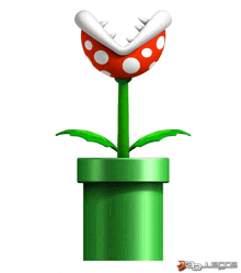 a plant with a red and white polka dot head is growing out of a green pot