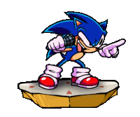 a cartoon of sonic the hedgehog holding a microphone and pointing at something