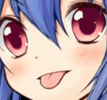 a close up of a anime girl with blue hair sticking her tongue out .