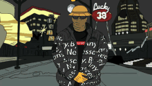 a cartoon of a man wearing a supreme jacket with a lucky 38 sign behind him