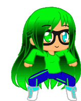 a girl with green hair and glasses is wearing a green hoodie and blue pants