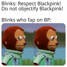 two pictures of a stuffed monkey with the caption ' blink : respect blackpink ! do not objectify blackpink ! '