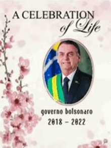 a celebration of life poster with a picture of a man in a suit and tie and flowers .