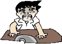 a cartoon of a man sitting at a desk crying .