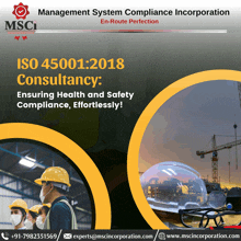 an advertisement for management system compliance incorporation shows a man wearing a hard hat