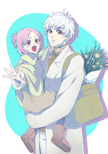 a drawing of a man holding a child with a basket of flowers behind them