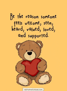 a teddy bear holding a red heart with a quote written on it