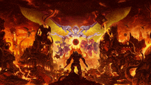 a painting of a man standing in the middle of a fire filled scene