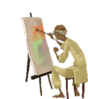 a cartoon of a man painting on an easel with a brush