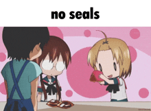 a cartoon of a girl holding a wallet with the words " no seals " above it