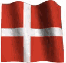 a red and white flag with a white cross waving in the wind .