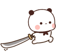 a cartoon panda bear is holding a sword in its paws .