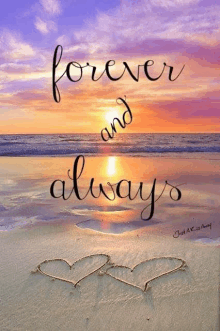 two hearts are drawn in the sand on a beach with the words `` forever and always '' written on it .