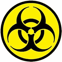 a black and yellow biohazard symbol is in a yellow circle .