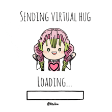 a cartoon of a girl with pink hair says " sending virtual hug "