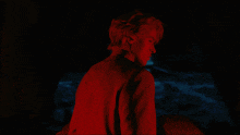 a man in a red shirt stands in the dark