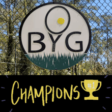 a sign that says byg with a tennis racquet and a tennis ball