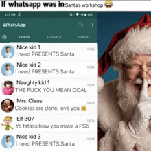 a screenshot of santa 's workshop and a screenshot of a whatsapp conversation