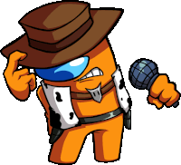 an orange among us character wearing a cowboy hat