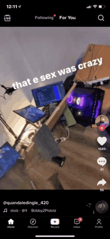 a phone screen shows a screenshot of a video that says " that e sex was crazy "