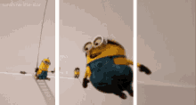 a 3d animation of a minion hanging from a rope