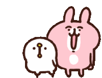 a pink rabbit and a white bird are standing next to each other .