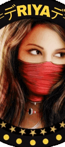 a woman wearing a red mask with the name riya written above her