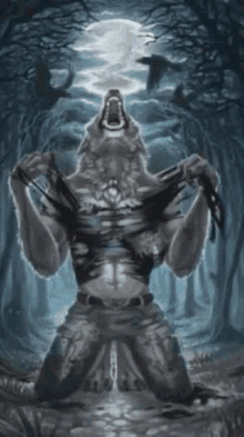 a werewolf is kneeling down in the middle of a forest with his mouth open .