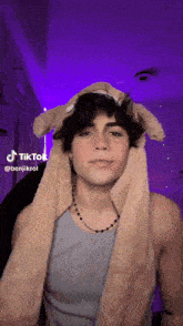 a young man is wearing a bunny hat and a purple background with tiktok written on it