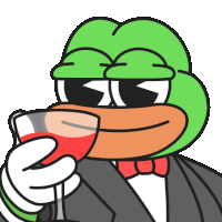 a cartoon frog wearing sunglasses and a tuxedo is holding a glass of red wine