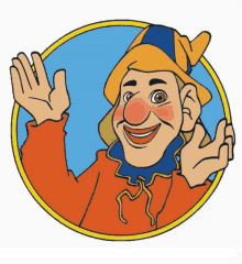 a cartoon drawing of a clown waving his hand in a circle