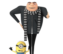 a cartoon character with a scarf around his neck is standing next to a yellow minion