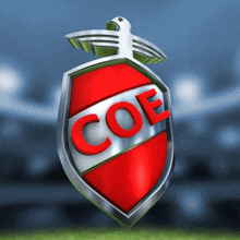 a red and white shield with the word coe in red