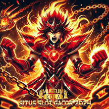 a poster for situs slot gacor shows a knight with flames coming out of his chest