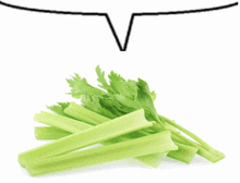 a bunch of celery next to a speech bubble with the letter v on it