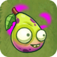 a cartoon drawing of a pear with big eyes and a leaf .