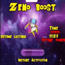 a purple capsule with the words zeno boost instant activation