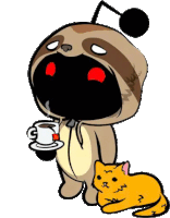 a cartoon sloth is holding a cup of coffee and a cat is laying next to him .