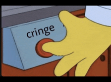 a cartoon hand is pressing a button that says cringe .