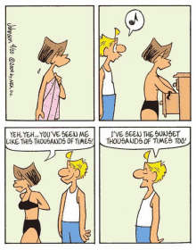 a cartoon shows a man and a woman talking about the sunset