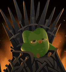 a green owl is sitting on a throne made of swords and shields