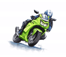 a painting of a person riding a green motorcycle has the year 2014 on the bottom right