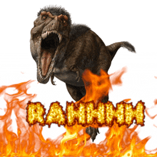 a picture of a t-rex with the word rammnm written in flames behind it