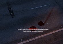 an aerial view of a police officer standing next to a bloody spot on the side of the road