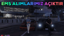 two men wearing masks are standing in front of a building with the words ems alimlarimiz aciktir