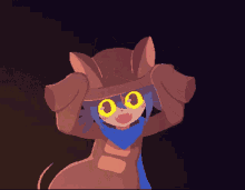 a pixel art drawing of a cartoon character with big yellow eyes